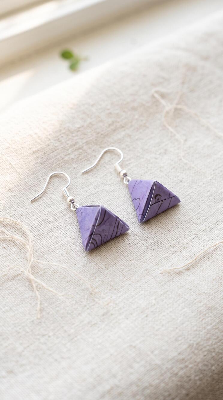Handmade Origami Triangle Earrings, Purple Floral Paper Jewelry, Hypoallergenic